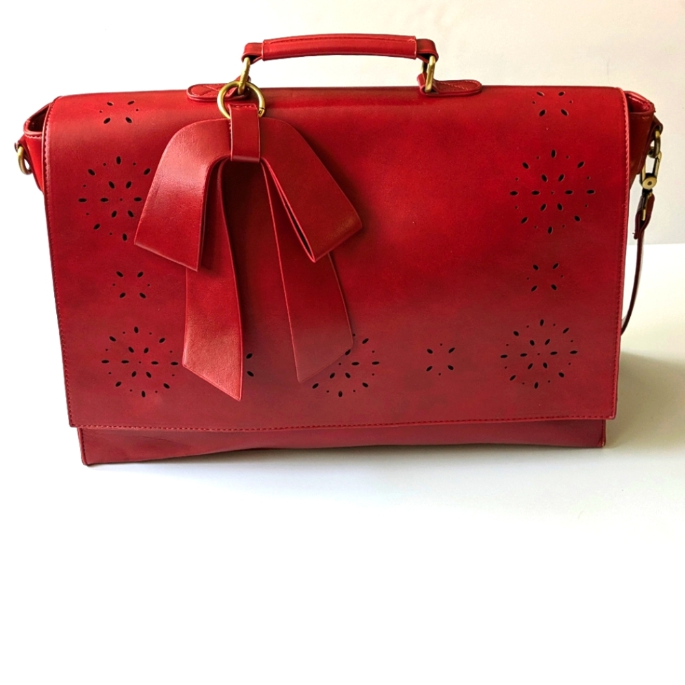 Walasa Red Split Leather Purse Messenger Bag w/ Red Bow Keychain Brand New